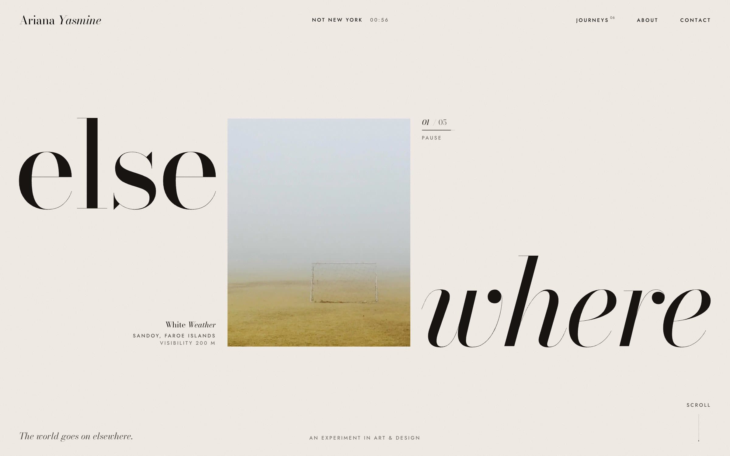 The elsewhere home page: the word else, a photograph of a football goal in fog, and the word where in italic, on ivory paper.