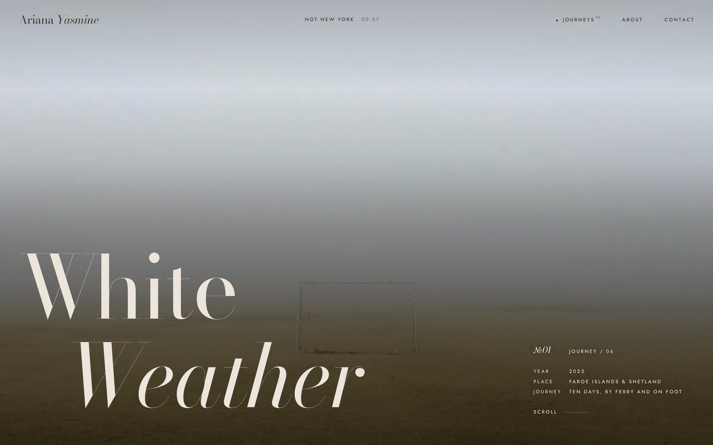 The White Weather journey: a field in sea fog with the title set large over it.