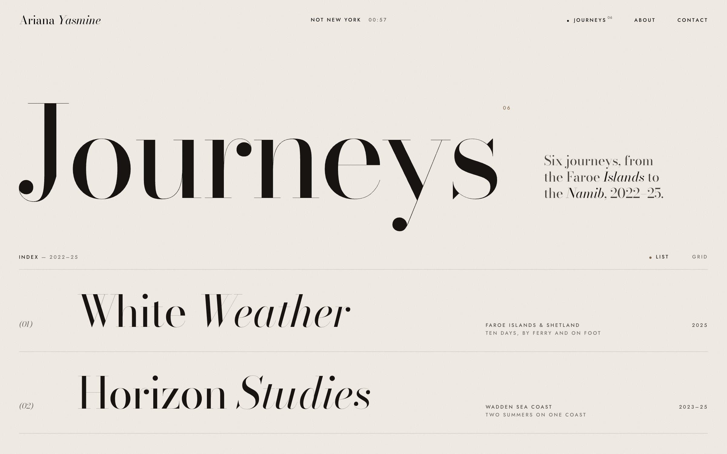 The Journeys index: the word Journeys, then each journey as a row of large serif titles.