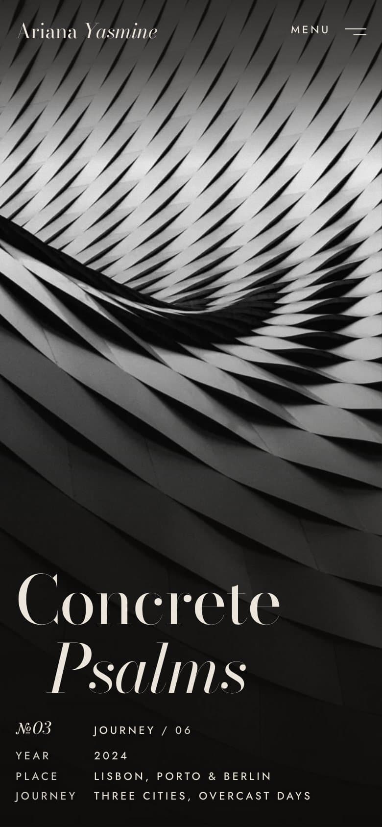 The Concrete Psalms journey on a phone: a black-and-white facade with the title over it.