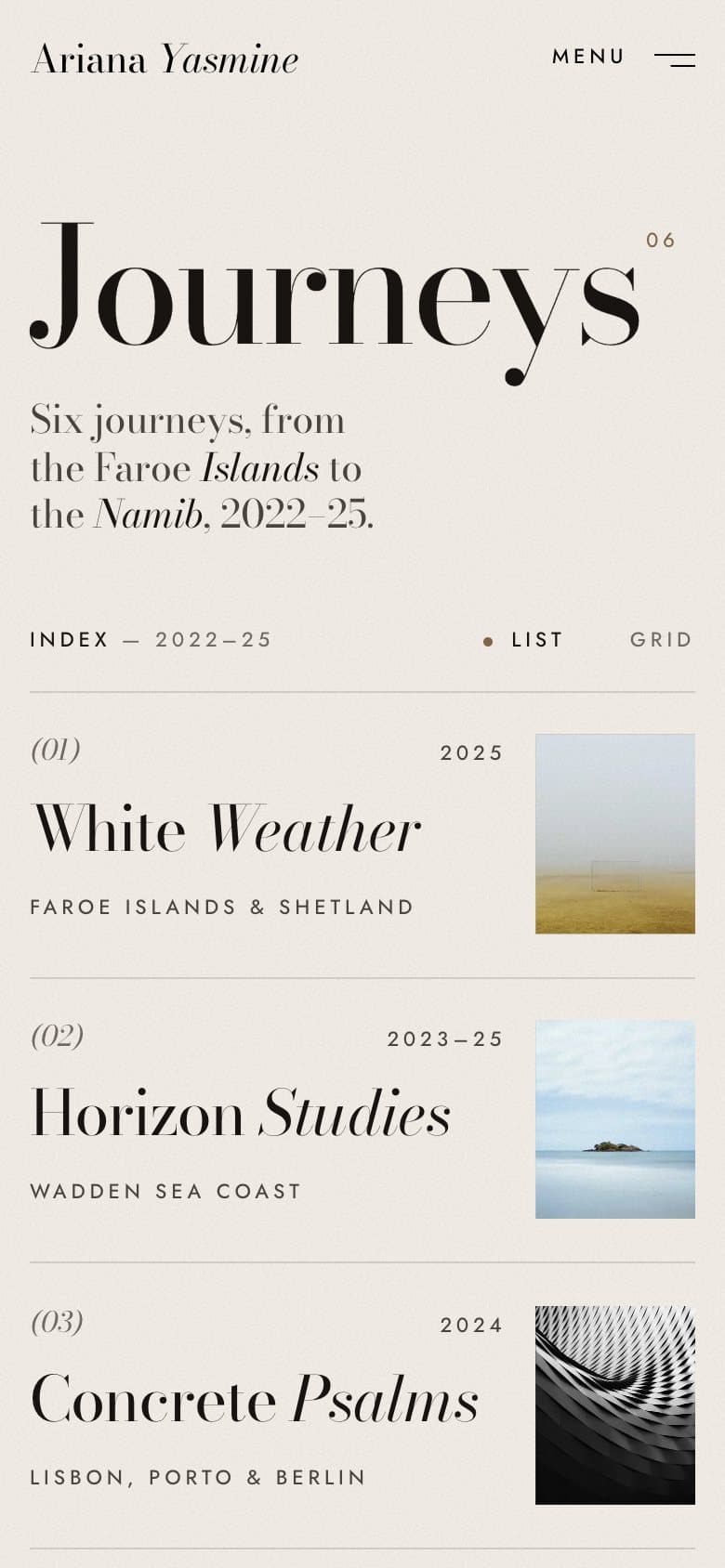 The Journeys index on a phone: White Weather, Horizon Studies and Concrete Psalms with their covers.